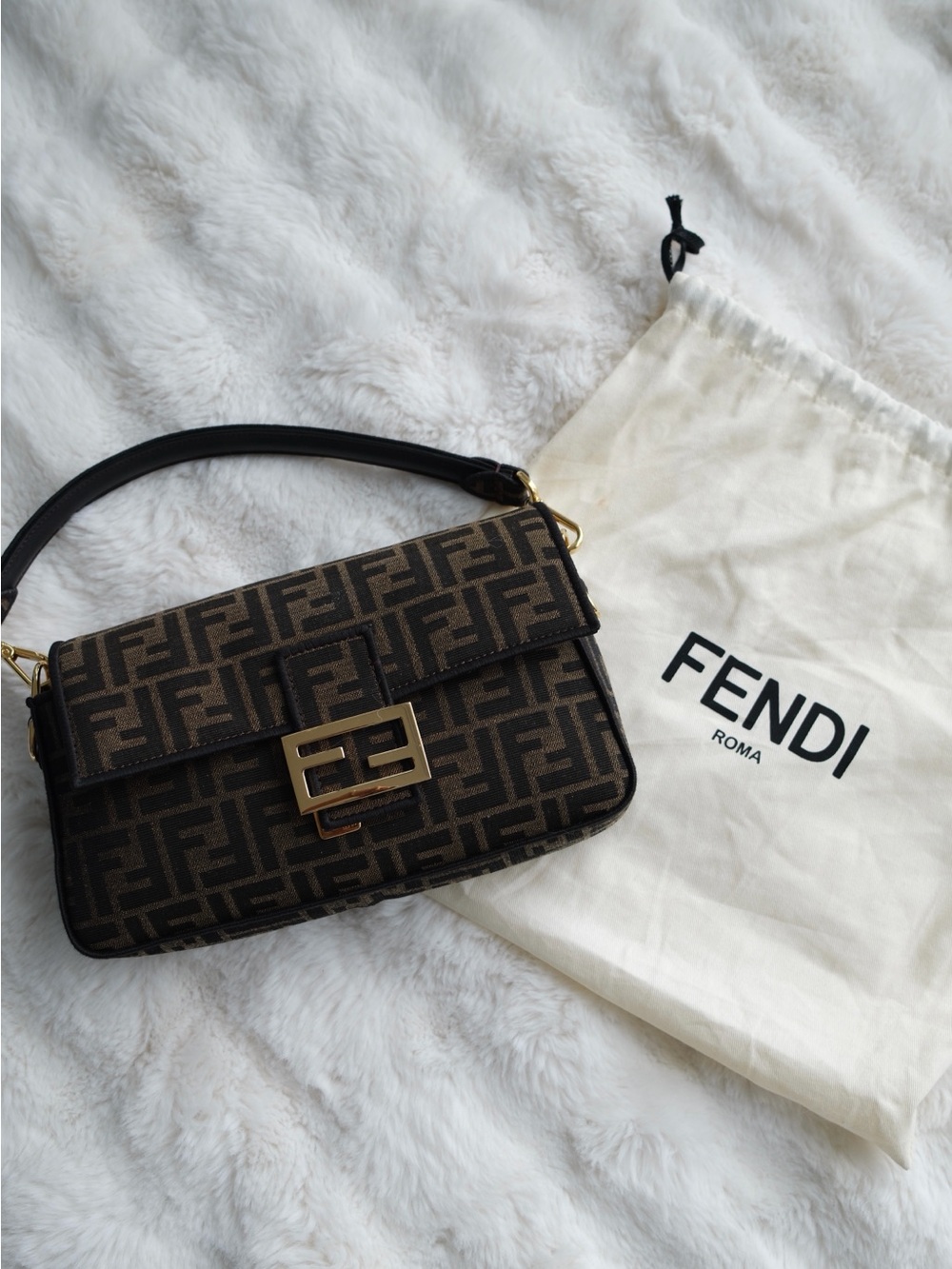 Fendi Brown and Black FF Logo Baguette Shoulder Bag